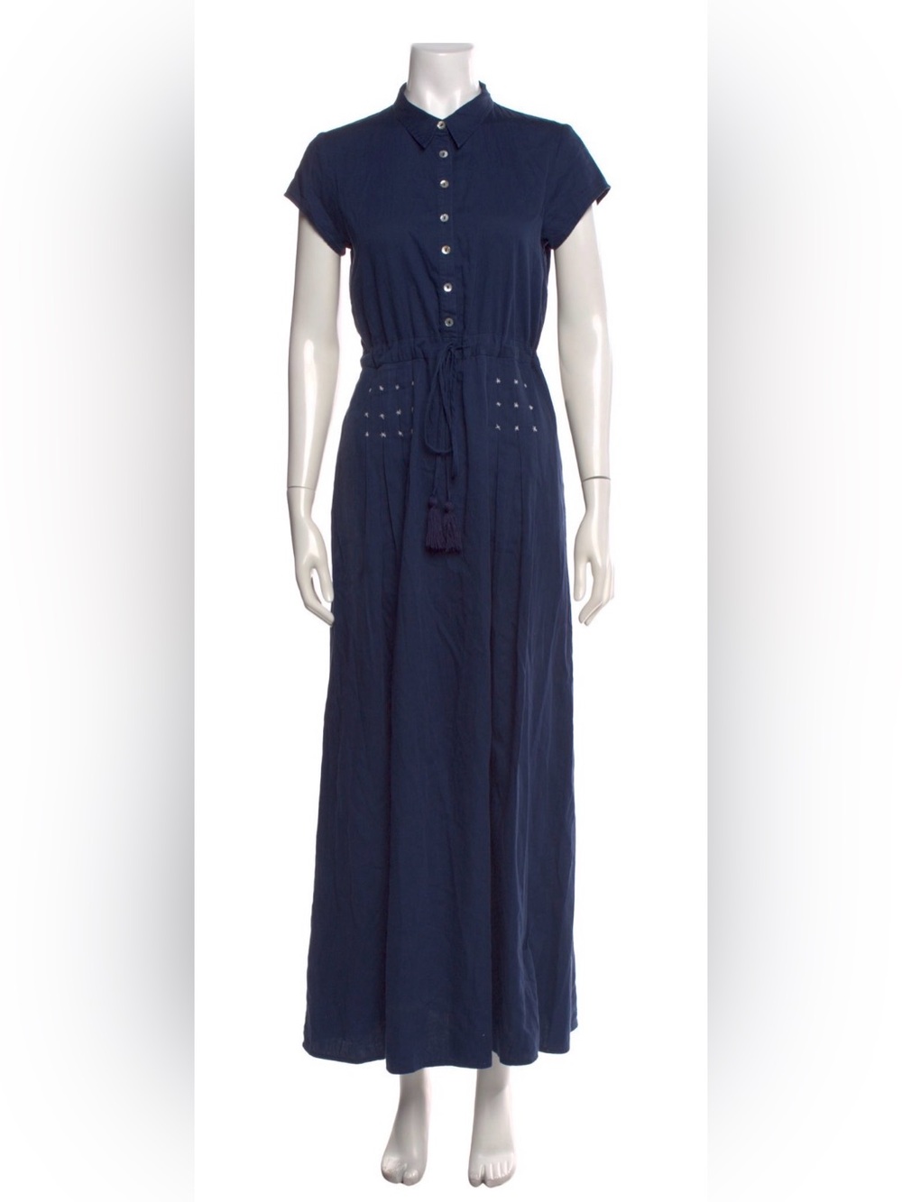 Carolina K Star Embroidered Coastal Grandma Collared Blue Cotton Shirt Dress S